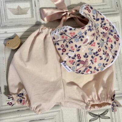 Ensemble bloomer & bavoir rose poudré oiseaux – Image 2