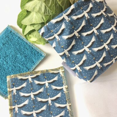 Lingettes lavables / imprimé Grues, coloris bleu blanc jaune