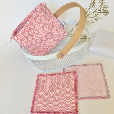 Lingettes lavables / japonais écailles coloris rose bord fuschia