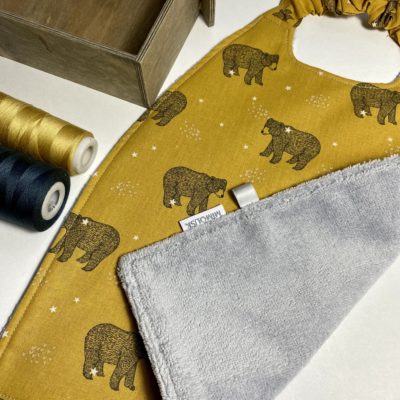 Serviette élastiquée coton et éponge bambou / Ours brun baloo, gris moutarde – Image 2