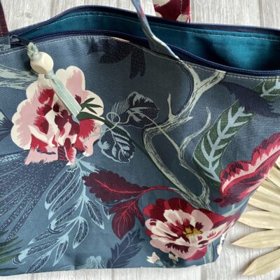 Sac motif fleuri retro bleu vert, velours rose – Image 4