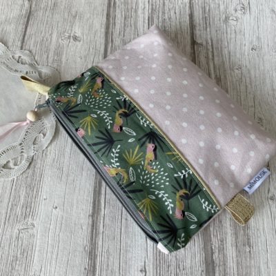 Pochette pois et perroquets, rose/blanc/vert