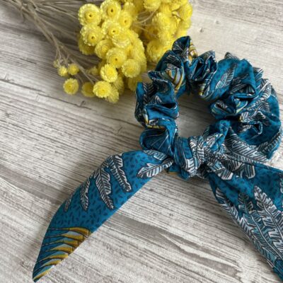 Foulchie chouchou / décor palmes, turquoise jaune